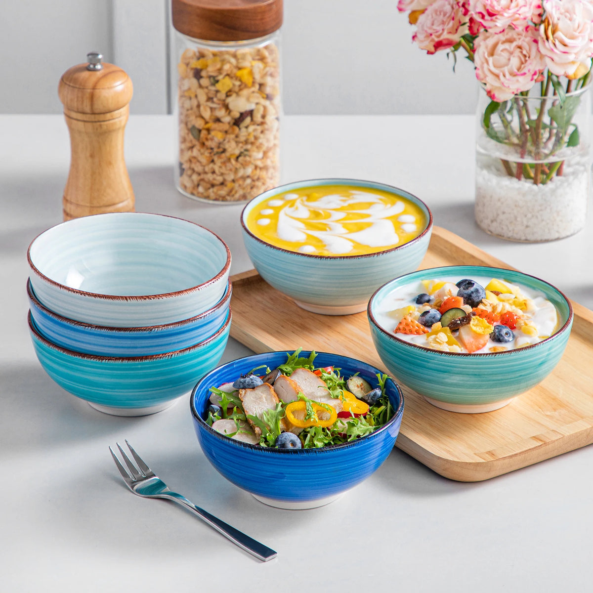 Vancasso Bonita 6-Piece 380ML/820ML Porcelain Vintage Handpainted Ceramic Soup/Mixing/Fruit/Noodle/Ramen Large Serving Bowl Set