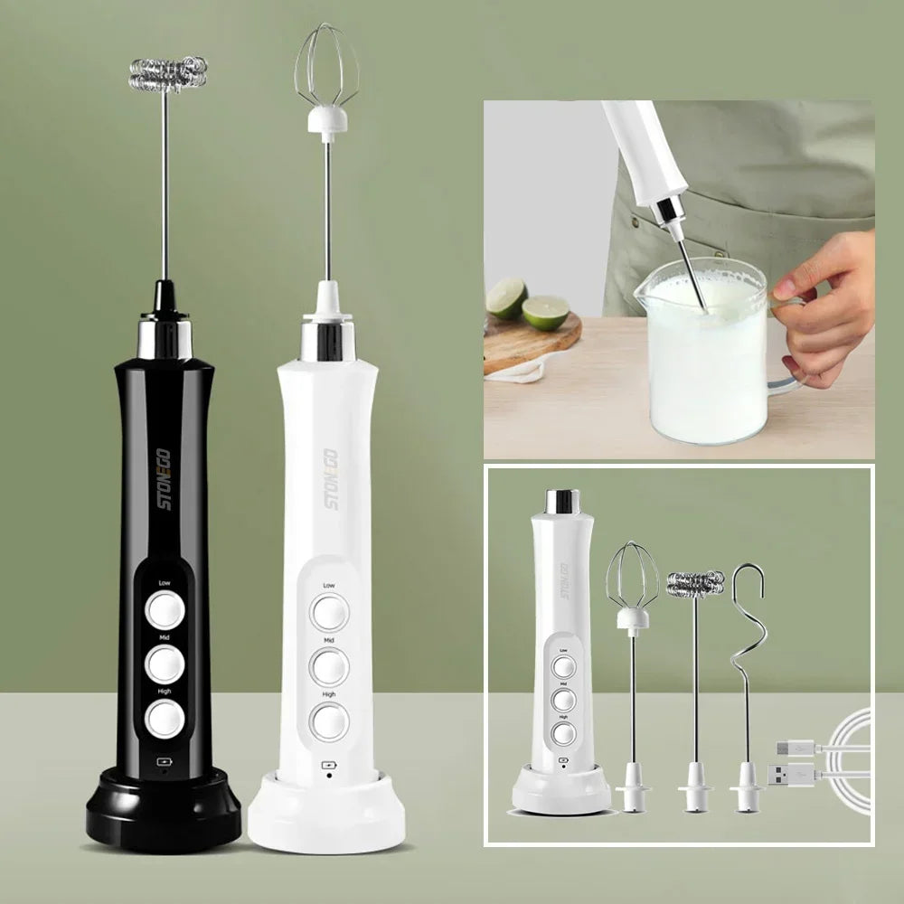USB Rechargeable Electric Milk Frother Mini Handheld Foam Maker 3 Speed Whisks for Latte Coffee Cappuccino Stainless Steel Egg Beater Drink Mixer Hot Chocolate Blender Portable Cordless Kitchen Gadgets Tools